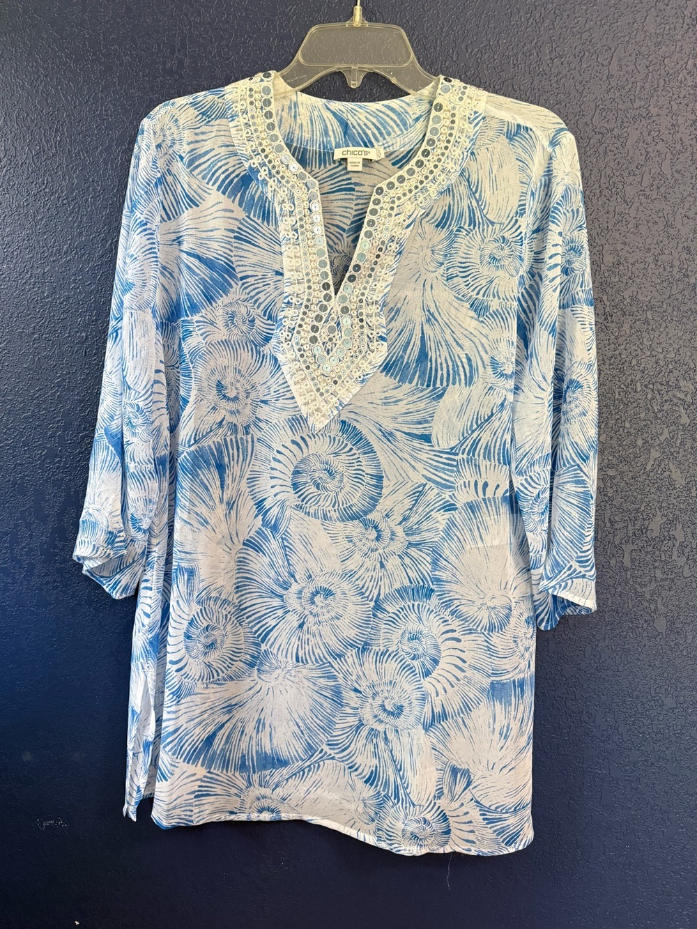 Chicos Georgette Kurta Nautical Swirl Seashell Blue 3/4 Sleeve Embellished Tunic